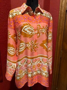 BRAND NEW Alex Marie”Pretty Petals”Vibrant Pink & Orange Floral Button-Up Blouse